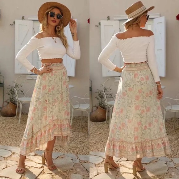 Dresses & Skirts - Hi Low Maxi Boho Floral Gypsy Print Skirt Pink